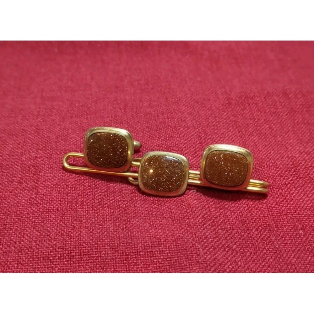 Vintage Mid Century Correct Quality Gold Tone W/Goldstone Tie Bar & Cuff Links